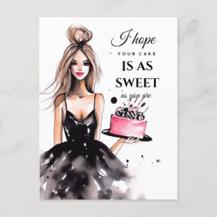 Blonde girl black dress birthday cake watercolor postcard