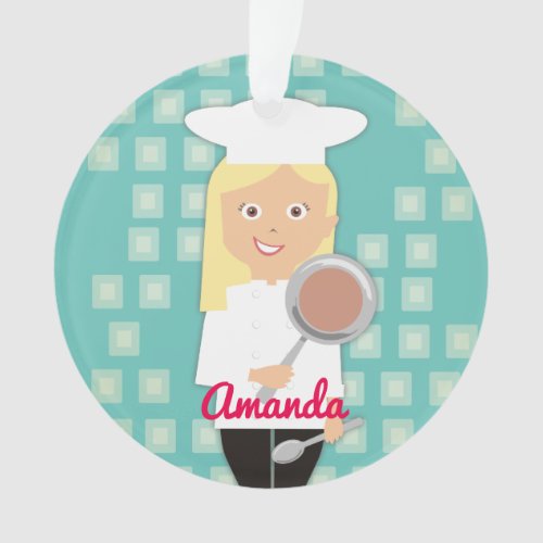 Blonde girl chef hat frying pan personalized ornament