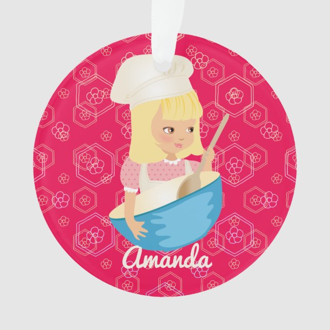 Blonde girl chef hat mixing bowl personalized ornament (Front)