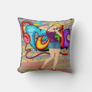 Blonde Girl Dancing MusicGraffiti Wall Background Throw Pillow