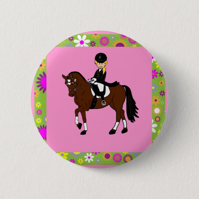 Blonde girl dressage horse rider caricature button (Front)