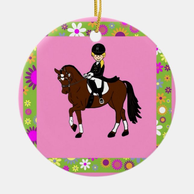 Blonde girl dressage horse rider caricature ceramic ornament (Front)