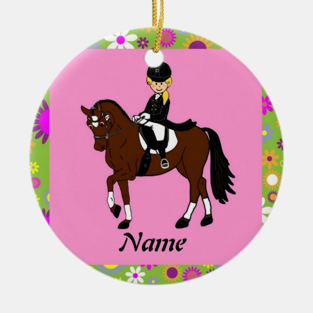 Blonde girl dressage horse rider caricature ceramic ornament (Front)