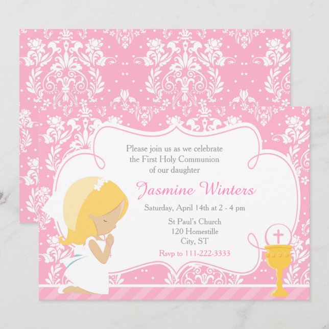 Blonde Girl First Communion Damask Invitation (Front/Back)