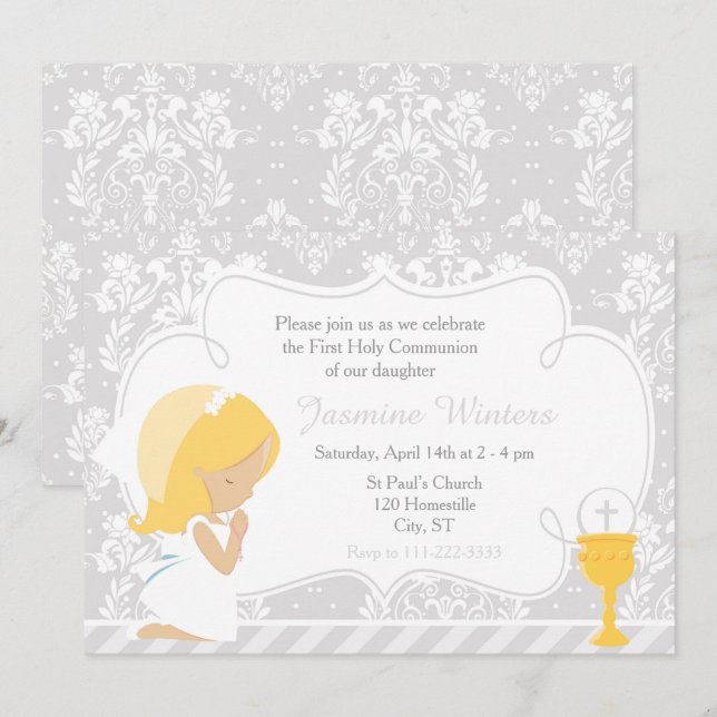 Blonde Girl First Communion Damask Invitation (Front/Back)