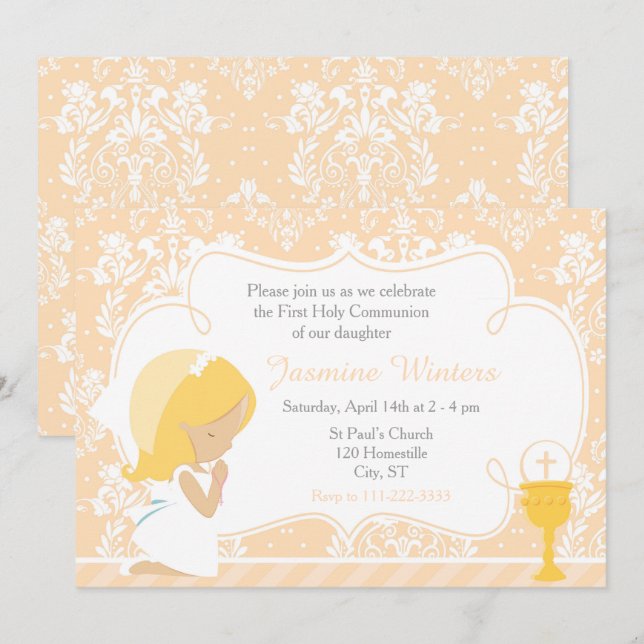 Blonde Girl First Communion Damask Invitation (Front/Back)