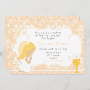 Blonde Girl First Communion Damask Invitation