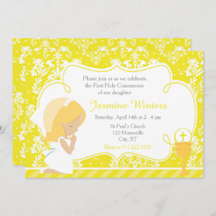 Blonde Girl First Communion Damask Invitation