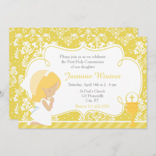Blonde Girl First Communion Gold Damask Invitation