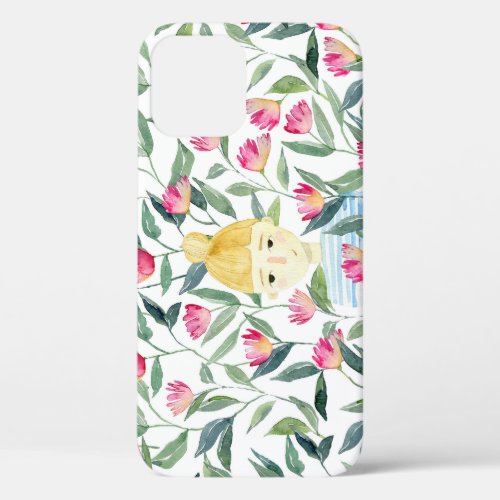 Blonde Girl Floral Watercolor Pattern iPhone 12 Case