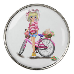 Blonde Girl Golf Ball Marker with Pink Bike
