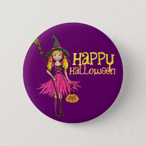 Blonde girl happy Halloween kids button badge