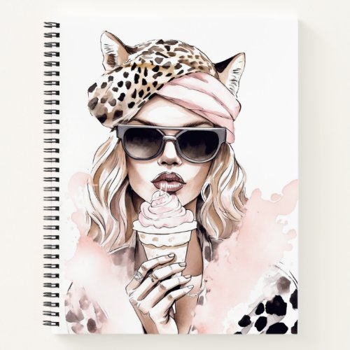 Blonde girl ice cream leopard print cat ears notebook