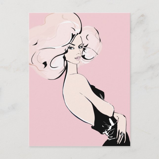 Blonde girl in black on pink postcard (Front)