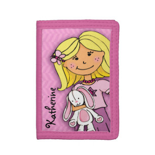 Blonde girl & lucky white bunny pink named purse tri-fold wallet
