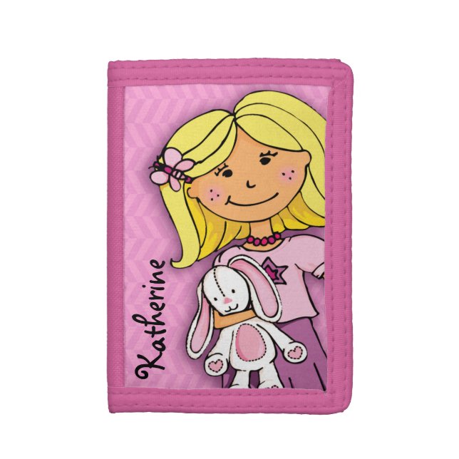 Blonde girl & lucky white bunny pink named purse trifold wallet (Front Vertical)