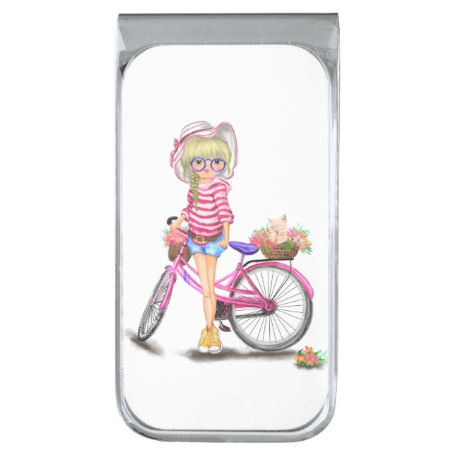 Blonde Girl Money Clip with Pink Bike (Front Vertical)