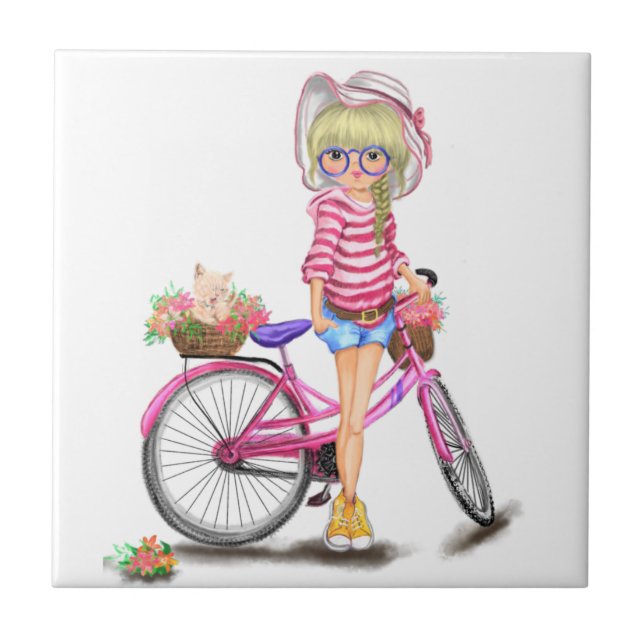 Blonde Girl Pink Bicycle Tile (Front)