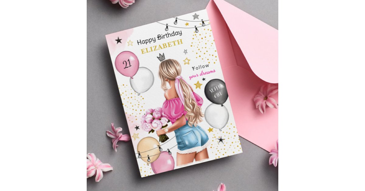 Blonde Girl Pink Gold Balloons Happy Birthday Holiday Card | Zazzle