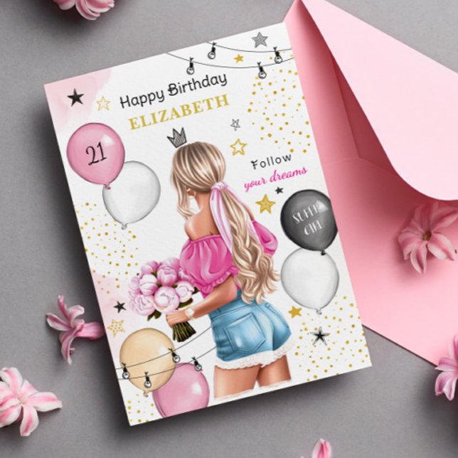 Blonde Girl Pink Gold Balloons Happy Birthday Holiday Card (Creator Uploaded)