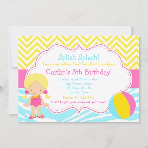 Blonde Girl Pool Party Bash Party Invitation