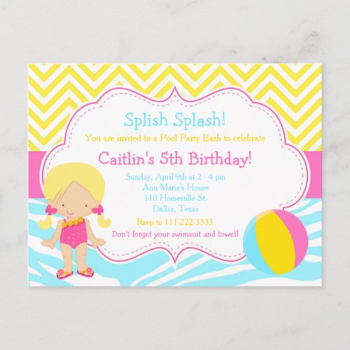 Blonde Girl Pool Party Bash Party Invitation Postcard