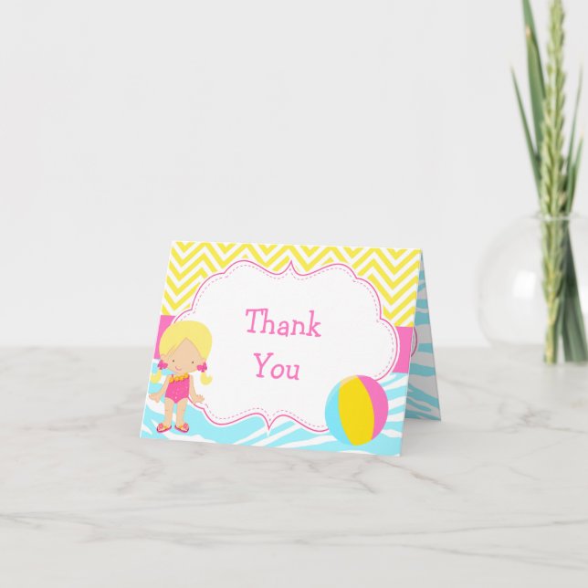 Blonde Girl Pool Party Bash Party Thank You Card (Front)