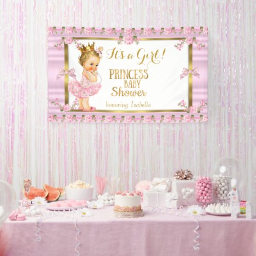 Blonde Girl Princess Baby Shower Pink Gold Tutu Banner