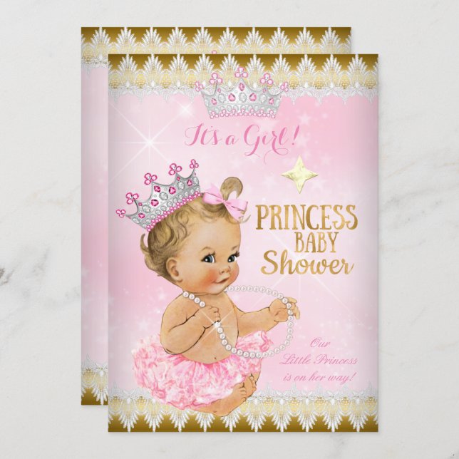 Blonde Girl Princess Baby Shower Pink Tutu Gold Invitation (Front/Back)