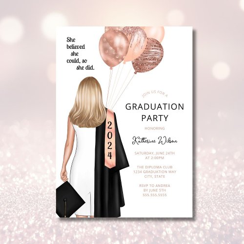 Blonde Girl She Believed Blush Graduation Party Invitation