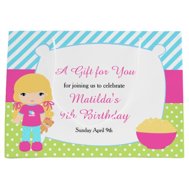 Blonde Girl Sleepover Slumber Party Birthday Large Gift Bag (Front)