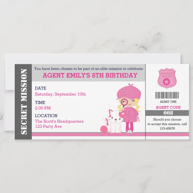 Blonde Girl Spy / Detective Ticket Birthday Invitation (Front)