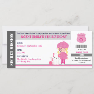 Blonde Girl Spy / Detective Ticket Birthday Invitation