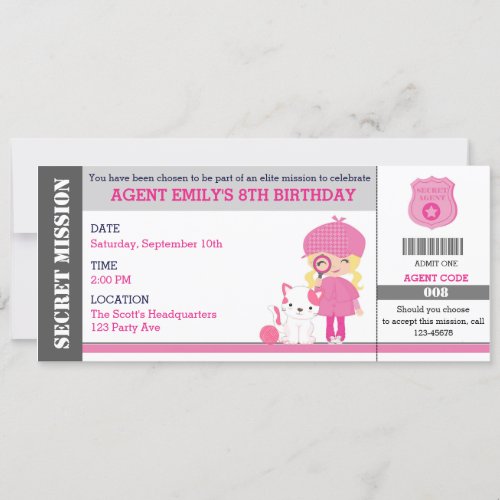 Blonde Girl Spy  Detective Ticket Birthday Invitation
