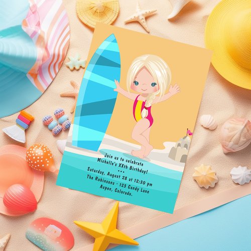 Blonde Girl Summer Beach Birthday Party Invitation