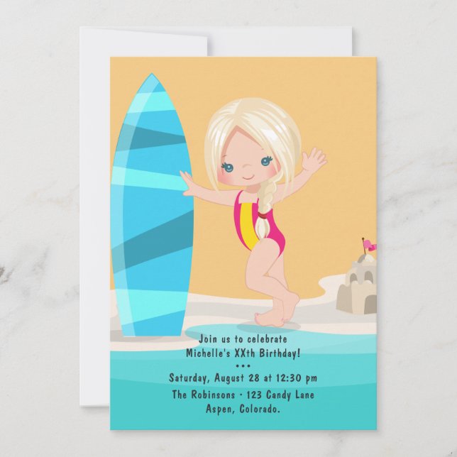 Blonde Girl Summer Beach Birthday Party Invitation (Front)