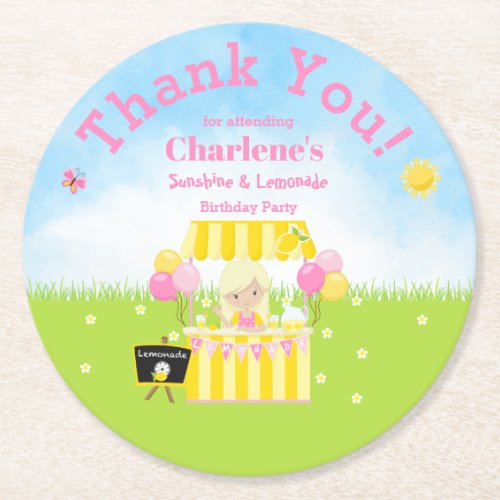 Blonde Girl Sunshine  Lemonade Birthday Party Round Paper Coaster