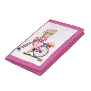 Blonde Girl Trifold Wallet with Pink Bike