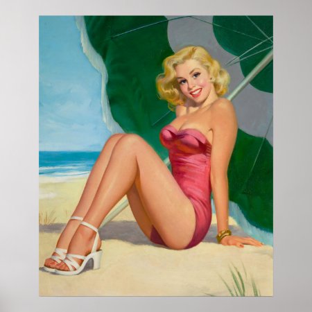 Blonde Girl Under Beach Umbrella Pin Up Poster
