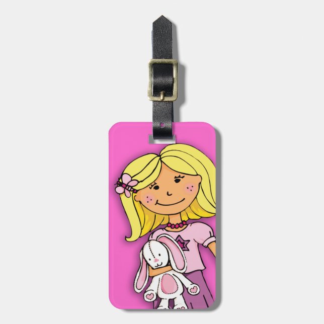 Blonde girl with bunny kids named luggage tag (Front Vertical)