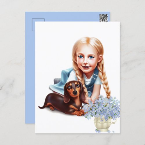 Blonde Girl with Dachshund Puppy  Postcard