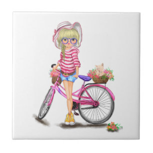 Blonde Girl with Pink Bike Ceramic Tile