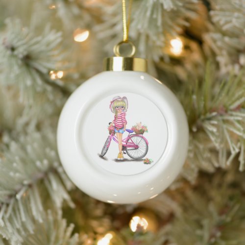 Blonde Girl with Pink Bike Christmas Ornament