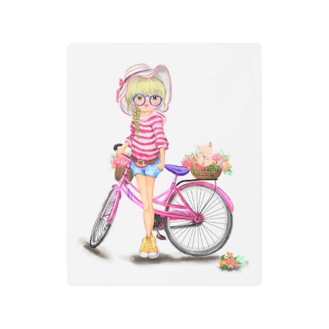 Blonde Girl with Pink Bike Metal Print Gift (Front)