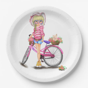 Blonde Girl with Pink Bike Paper Plates