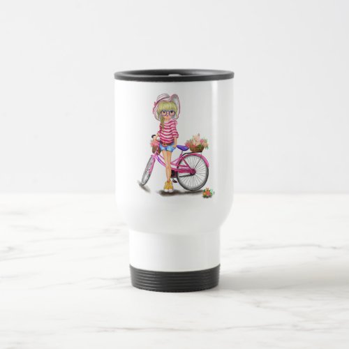 Blonde Girl with Pink Bike Travel Mug