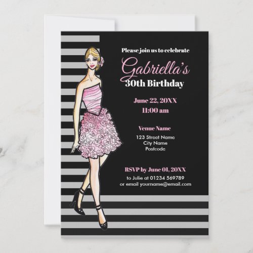 Blonde Girl with Pink Roses Cocktail Dress Invitation
