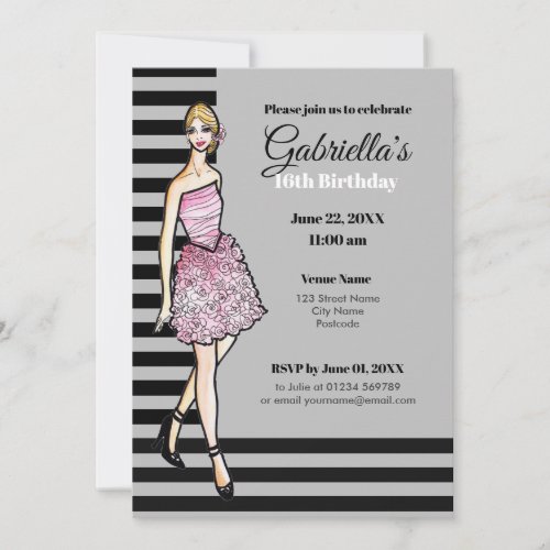 Blonde Girl with Pink Roses Cocktail Dress Invitation