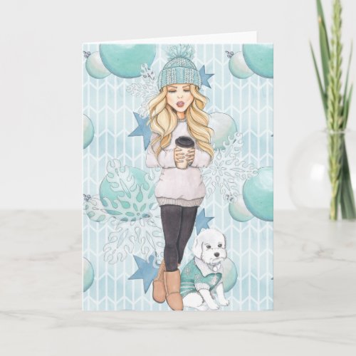 Blonde Girl with White Puppy Holiday Card