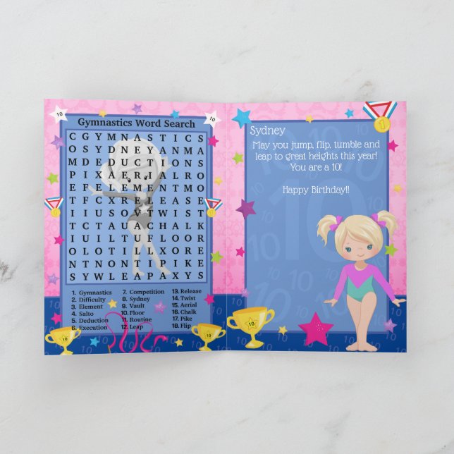 Blonde Girls Gymnastics Word Search Happy Birthday Card (Inside)